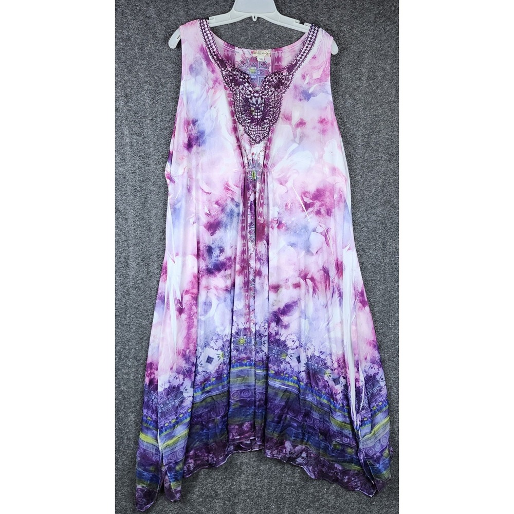 World Unity Dress Womens 3X STARAC Purple Floral Crochet Handkerchief Hem EUC